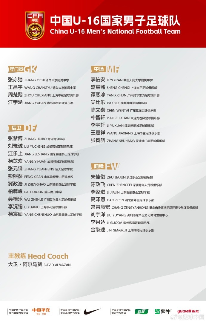 九游官网-U16国足集训名单：朴智轩、李佑安在列，泰山足校5人申花4人